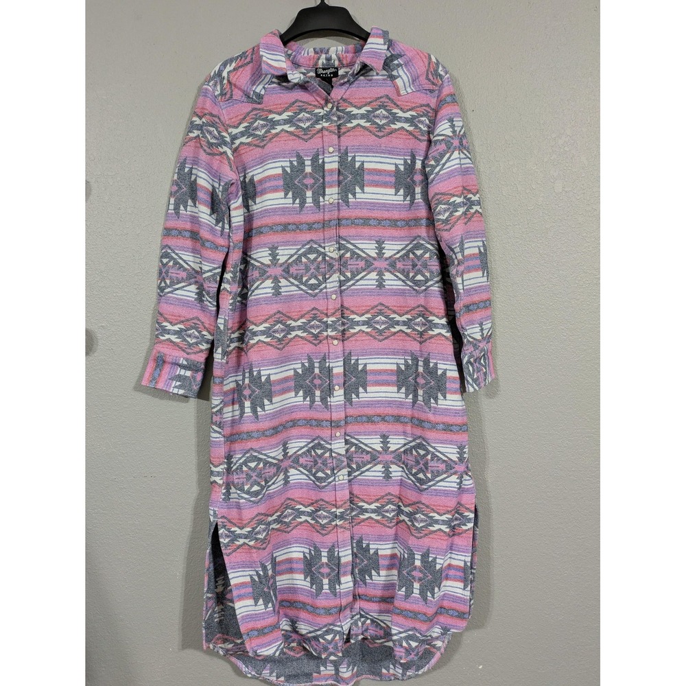 Wrangler Shirt Dress Womens XL Pink Aztec Flannel Snap Front Long Sleeve Western
